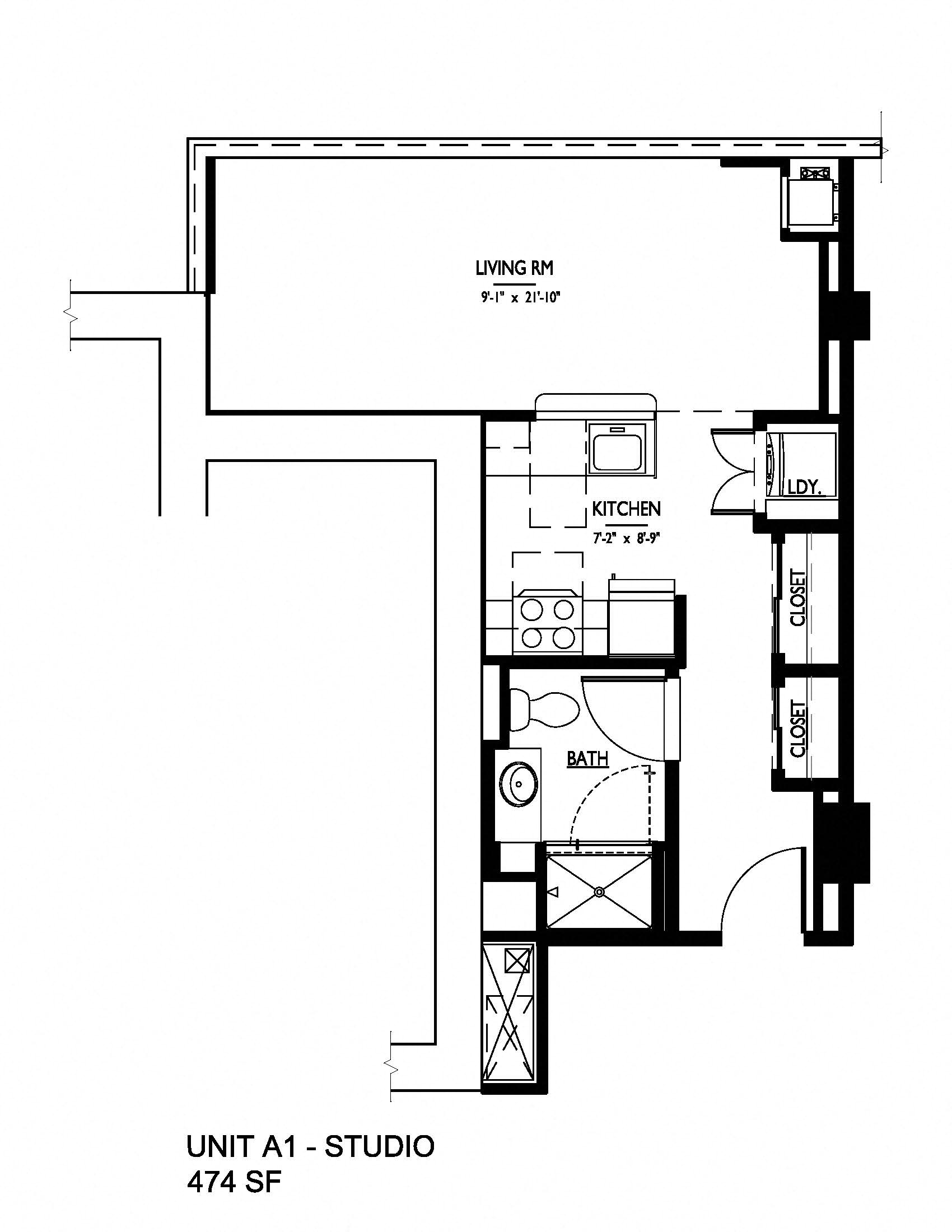 Floor plan for studio, 1 bath, 474 sqft