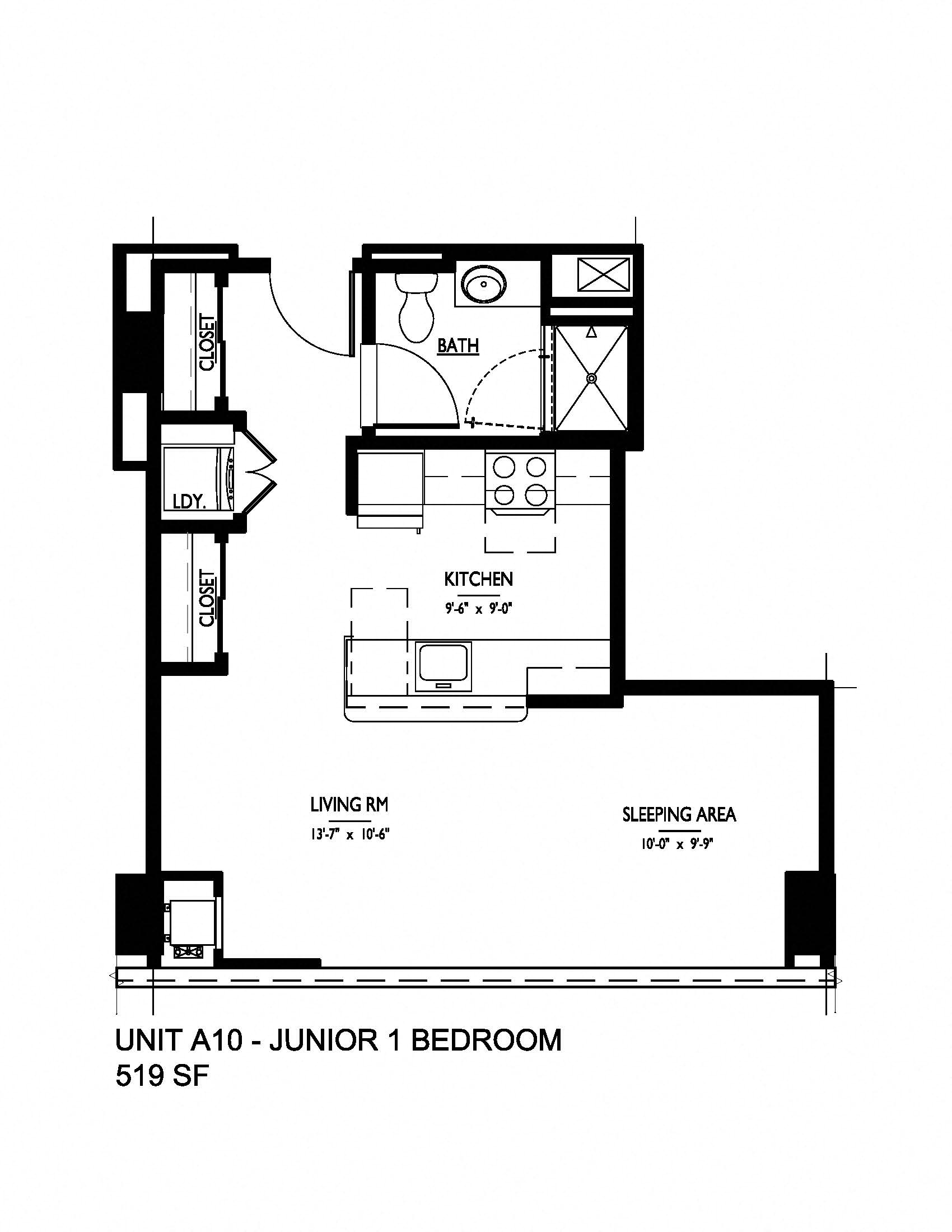 Floor plan for studio, 1 bath, 519 sqft