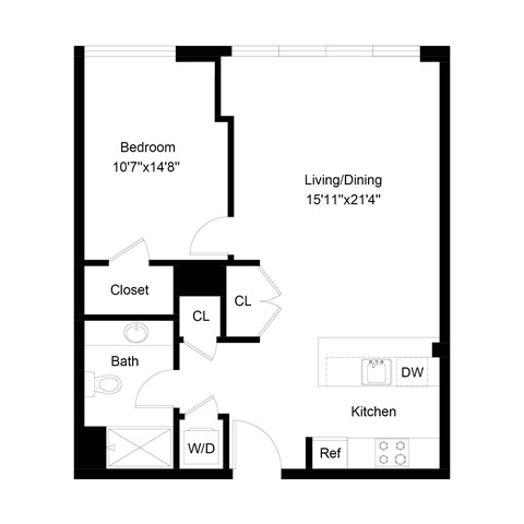 Floor plan for 1 bed, 1 bath, 775 sqft