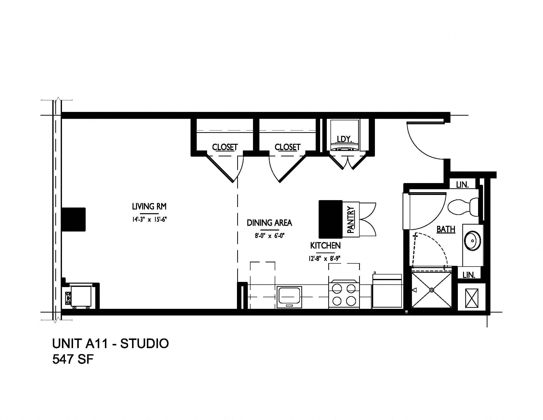 Floor plan for studio, 1 bath, 565 sqft