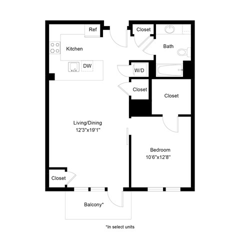 Floor plan for 1 bed, 1 bath, 779 sqft