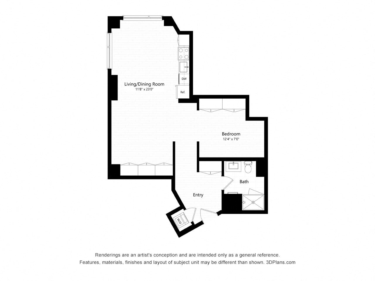 Floor plan for 1 bed, 1 bath, 824 sqft
