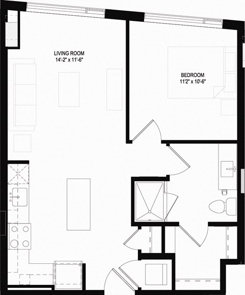 Floor plan for 1 bed, 1 bath, 633 sqft