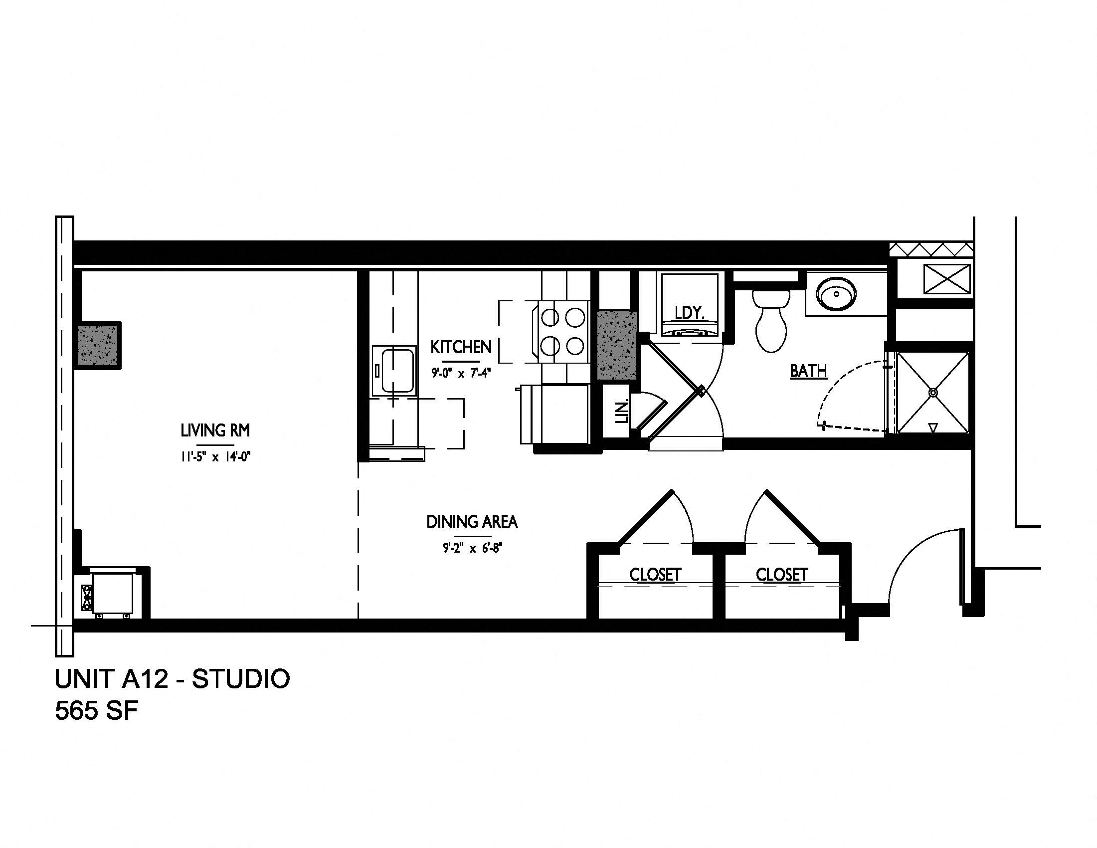 Floor plan for studio, 1 bath, 547 sqft
