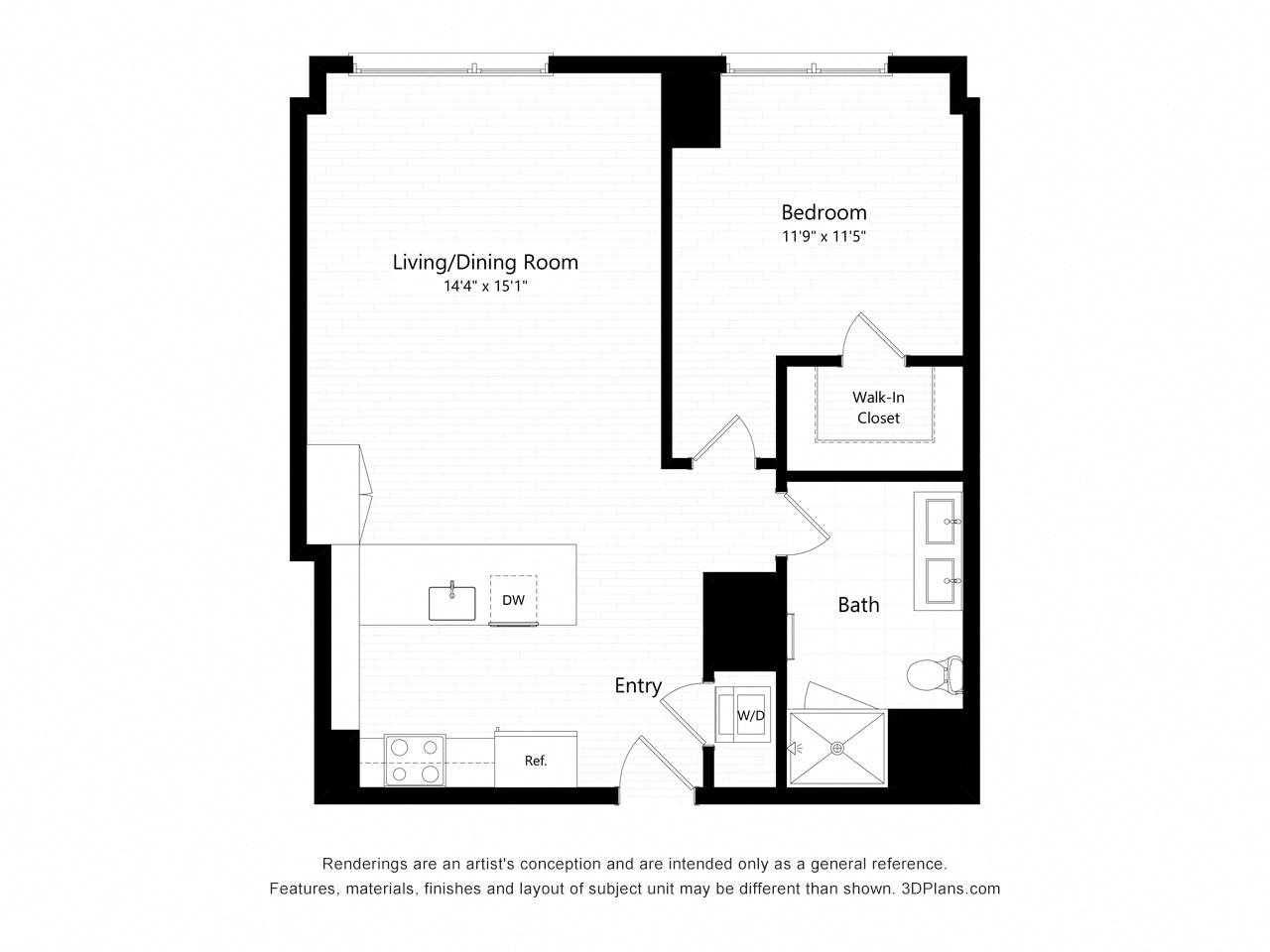 Floor plan for 1 bed, 1 bath, 824 sqft