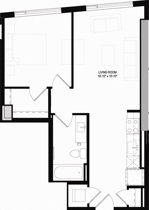 Floor plan for 1 bed, 1 bath, 646 sqft