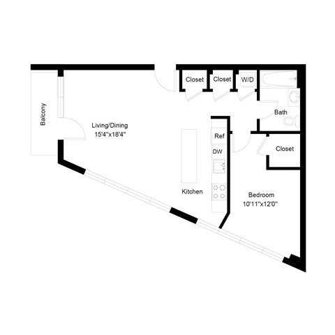 Floor plan for 1 bed, 1 bath, 802 sqft