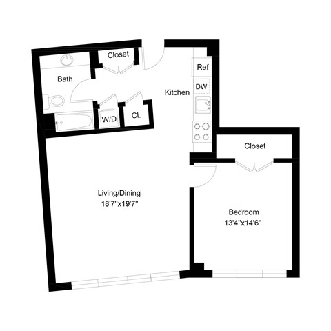 Floor plan for 1 bed, 1 bath, 928 sqft