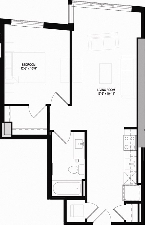 Floor plan for 1 bed, 1 bath, 689 sqft