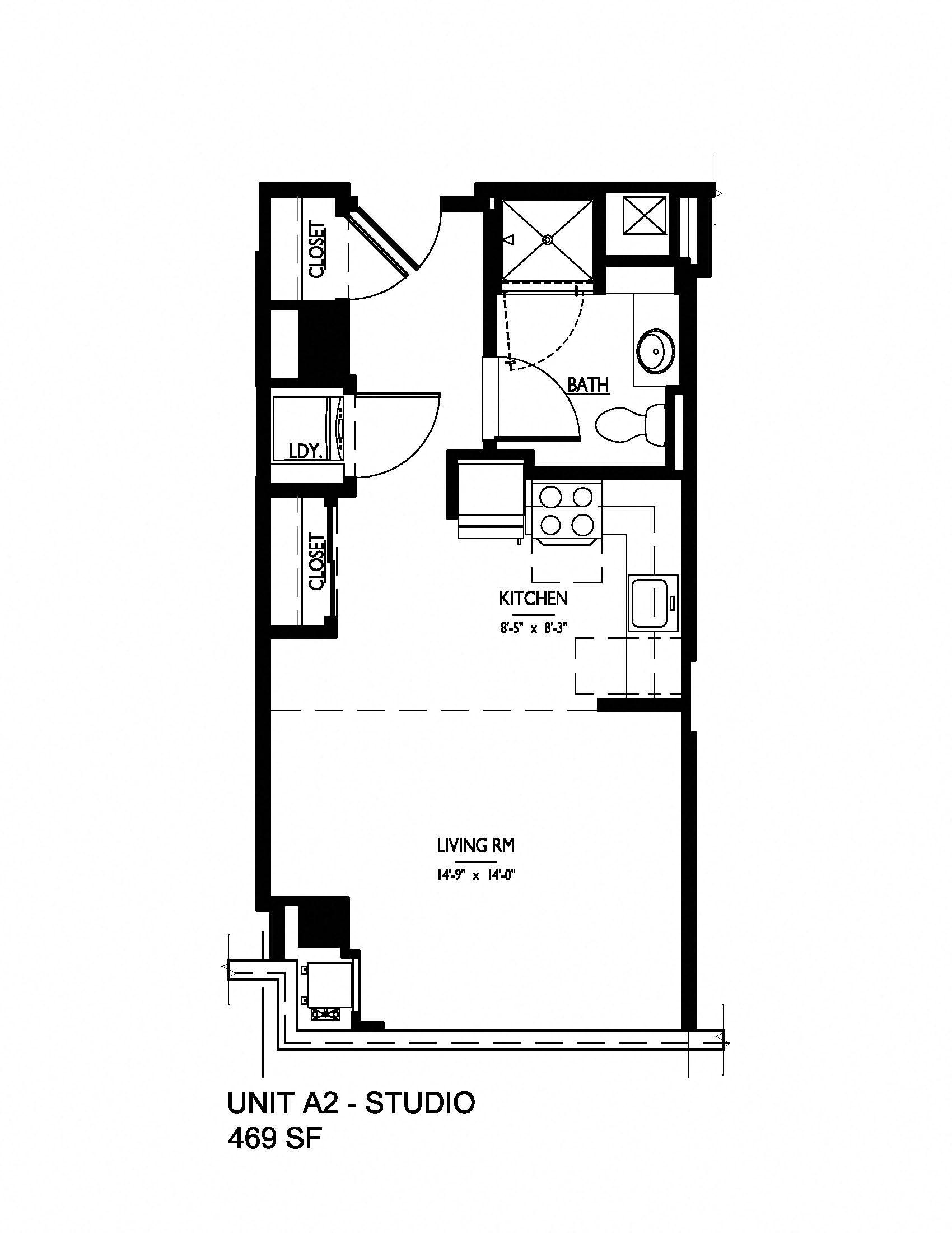 Floor plan for studio, 1 bath, 469 sqft