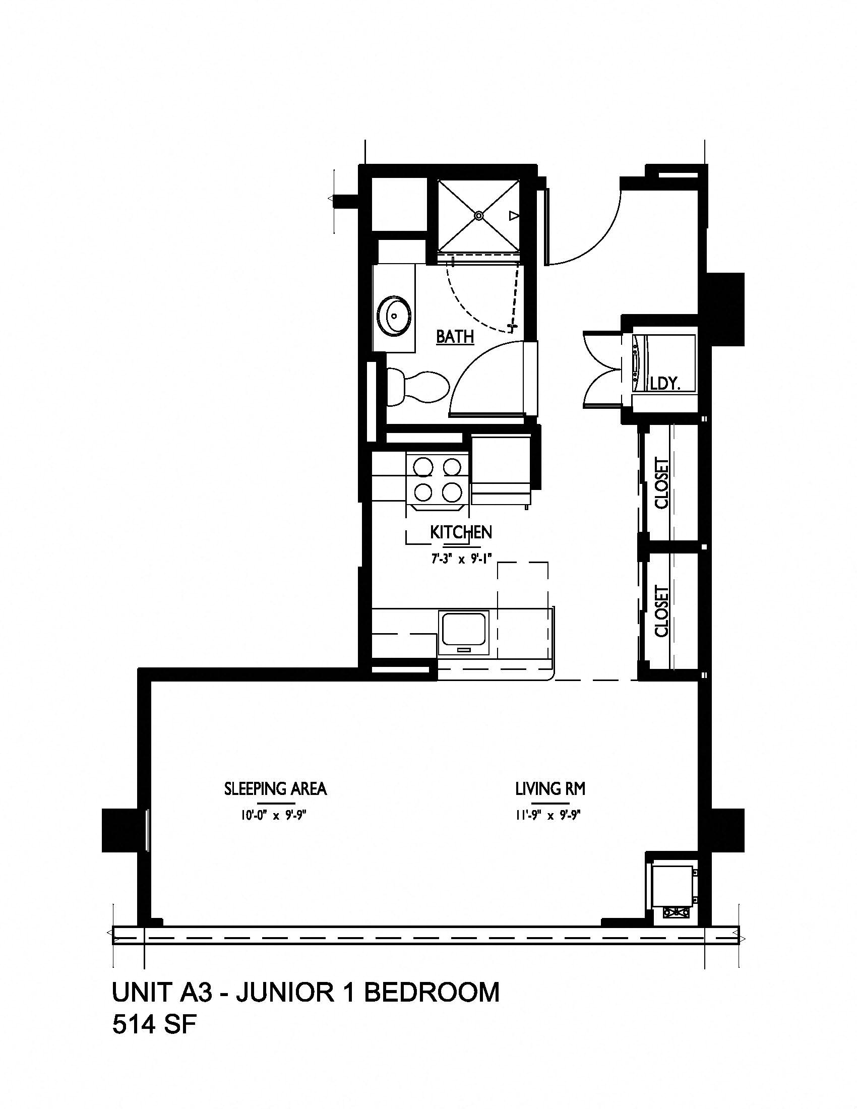 Floor plan for studio, 1 bath, 514 sqft