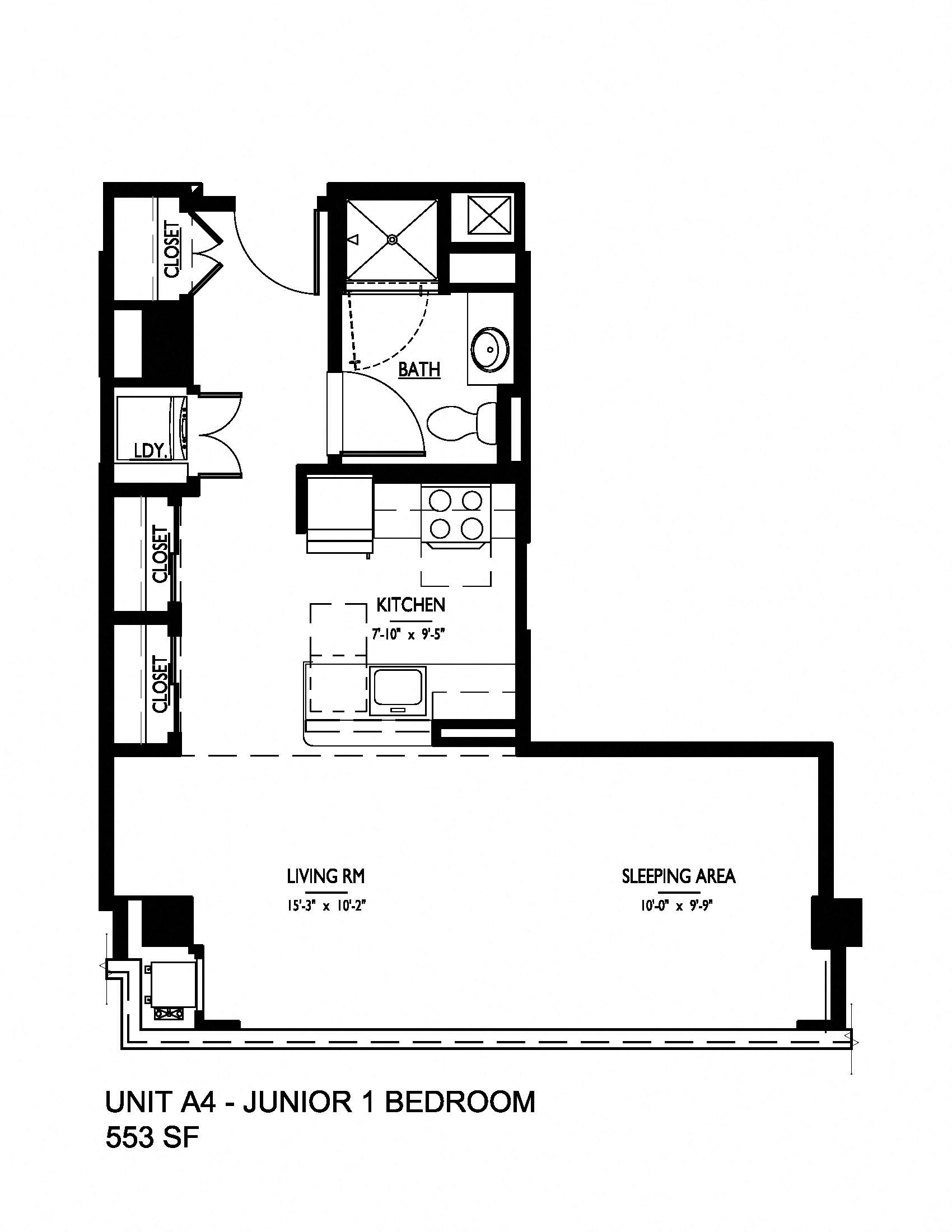 Floor plan for studio, 1 bath, 553 sqft