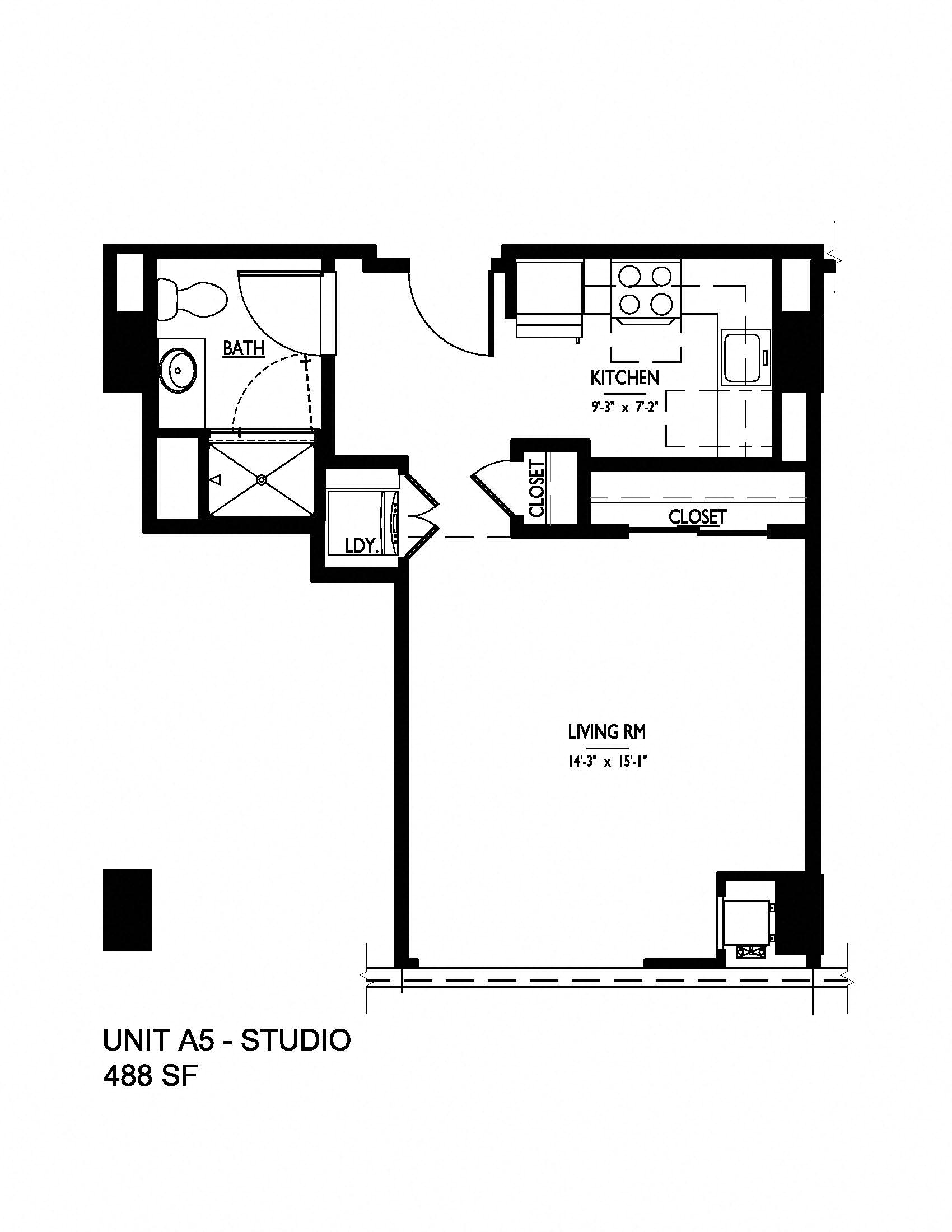 Floor plan for studio, 1 bath, 486 sqft