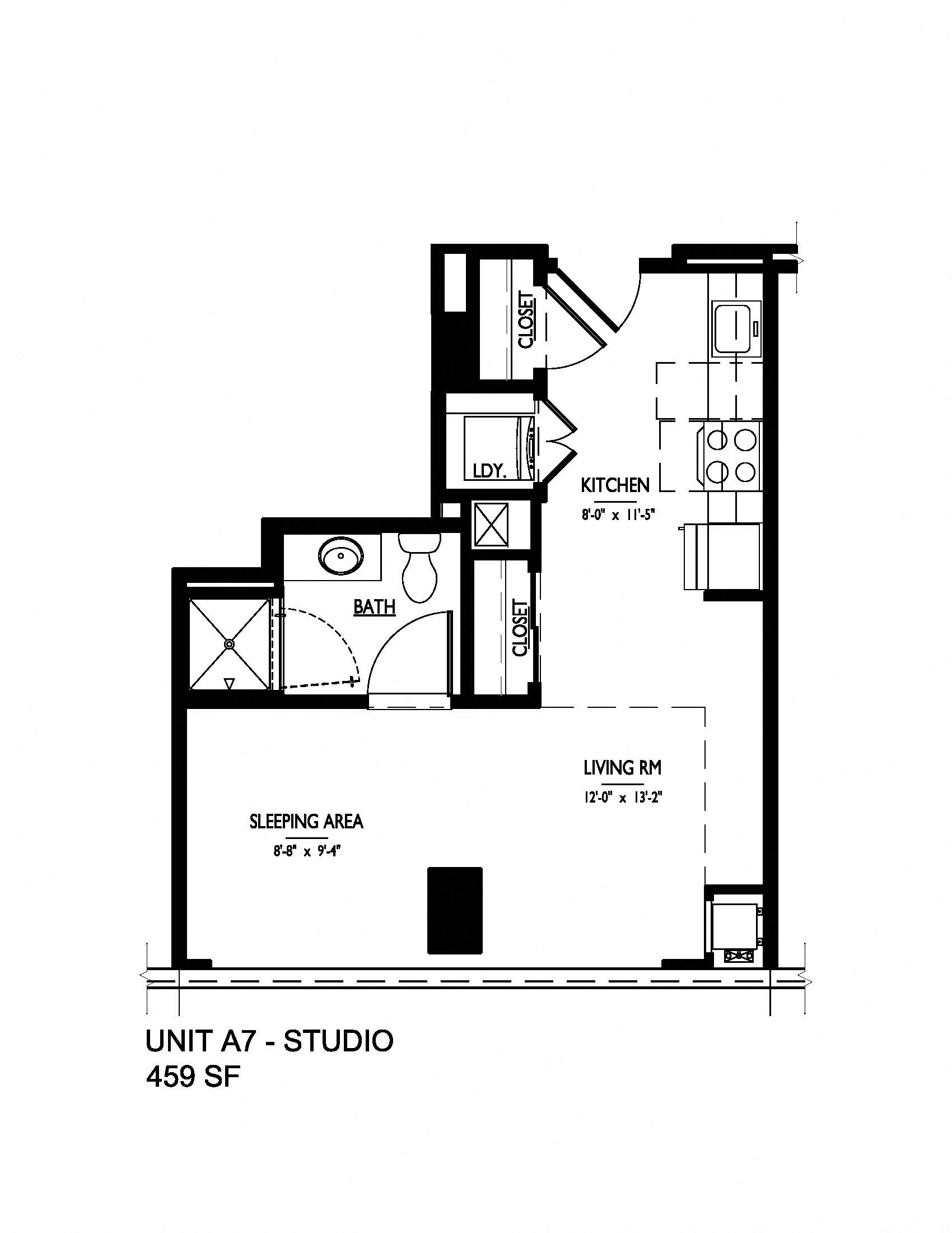 Floor plan for studio, 1 bath, 459 sqft