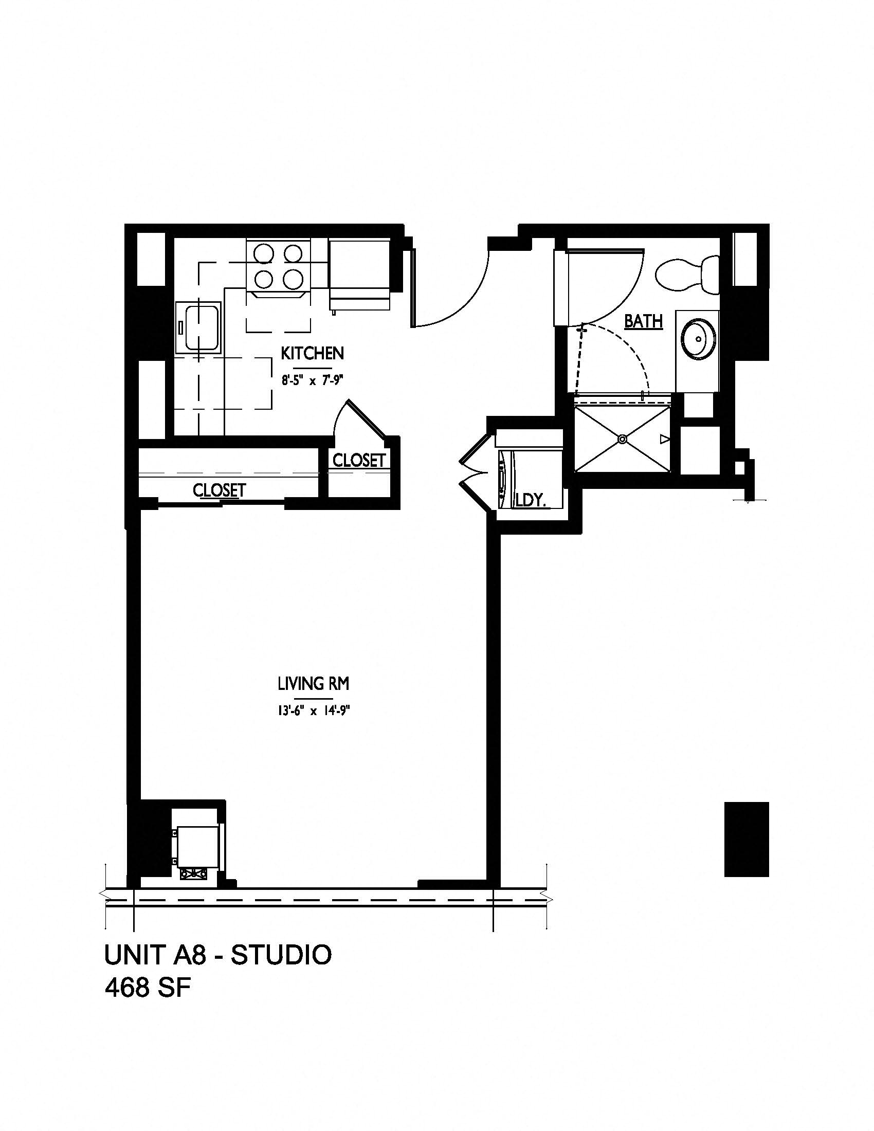 Floor plan for studio, 1 bath, 468 sqft