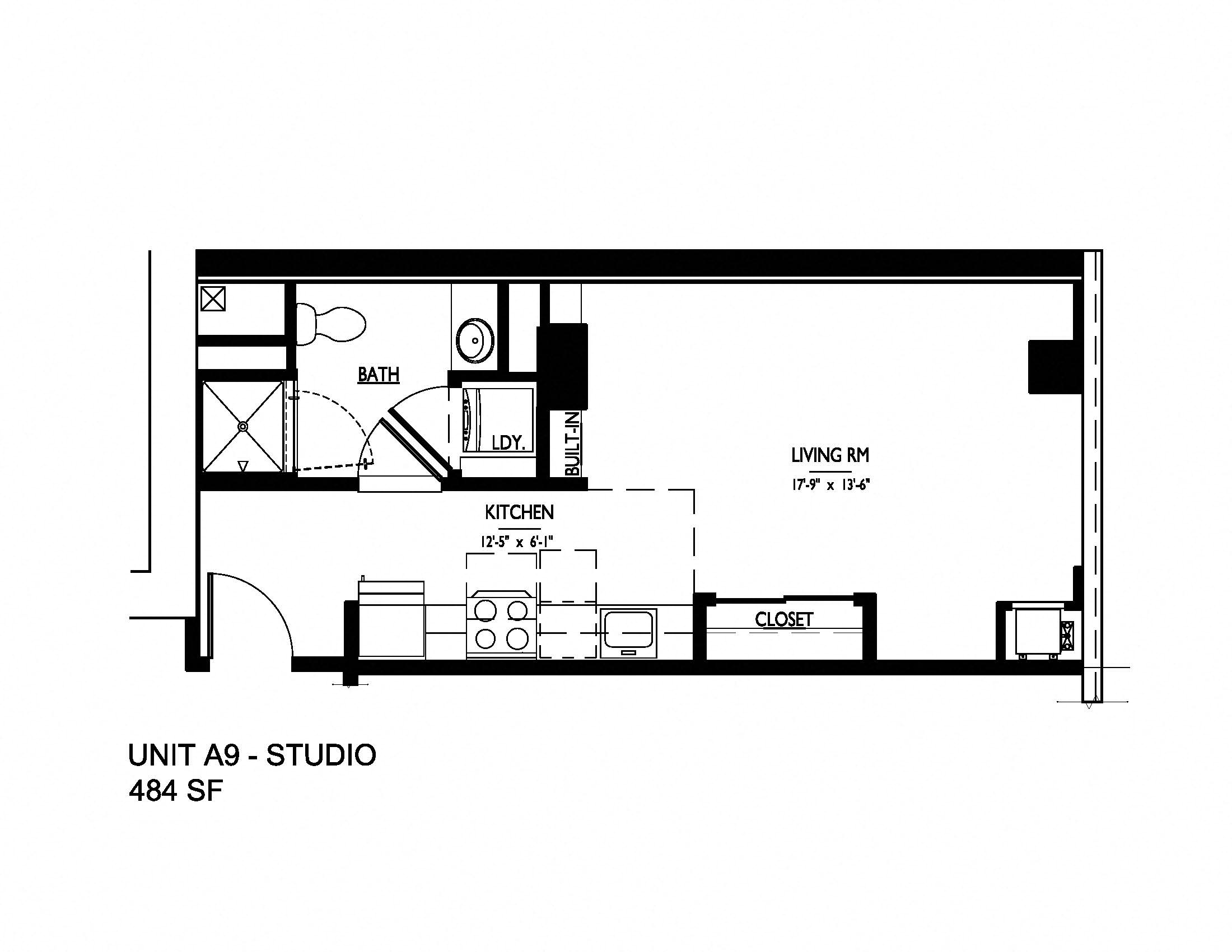 Floor plan for studio, 1 bath, 484 sqft
