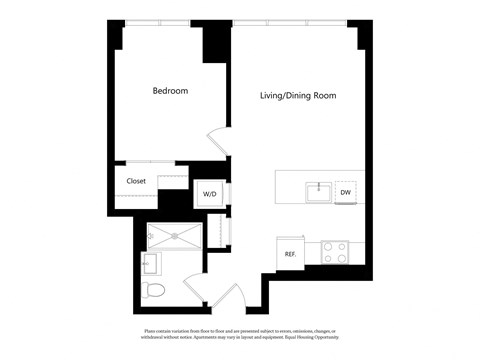 Floor plan for 1 bed, 1 bath, 592 sqft