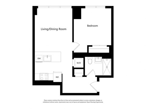 Floor plan for 1 bed, 1 bath, 593 sqft