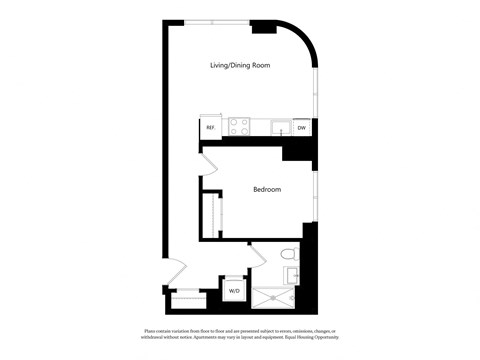 Floor plan for 1 bed, 1 bath, 612 sqft