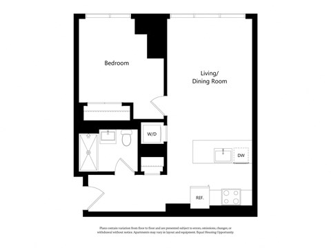 Floor plan for 1 bed, 1 bath, 630 sqft