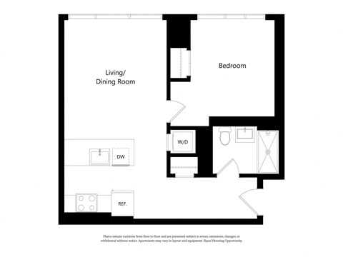 Floor plan for 1 bed, 1 bath, 660 sqft