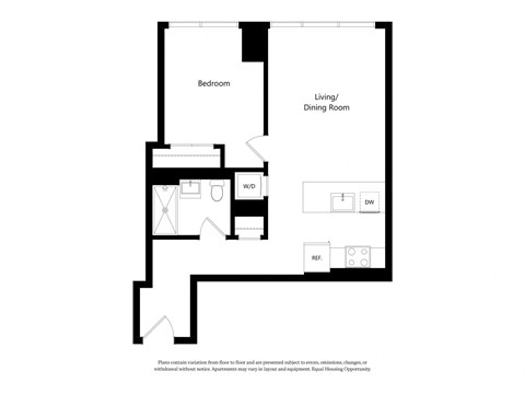 Floor plan for 1 bed, 1 bath, 683 sqft