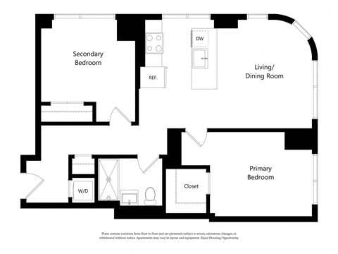 Floor plan for 2 beds, 1 bath, 831 sqft
