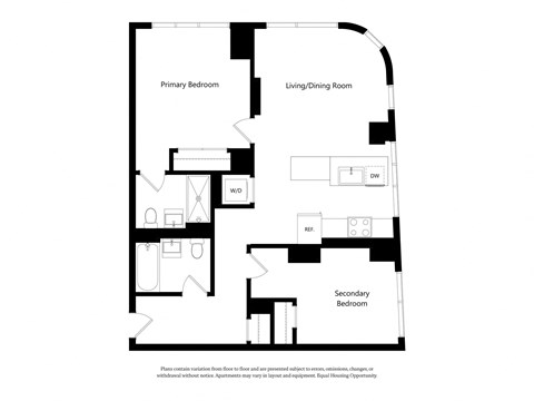 Floor plan for 2 beds, 2 baths, 966 sqft