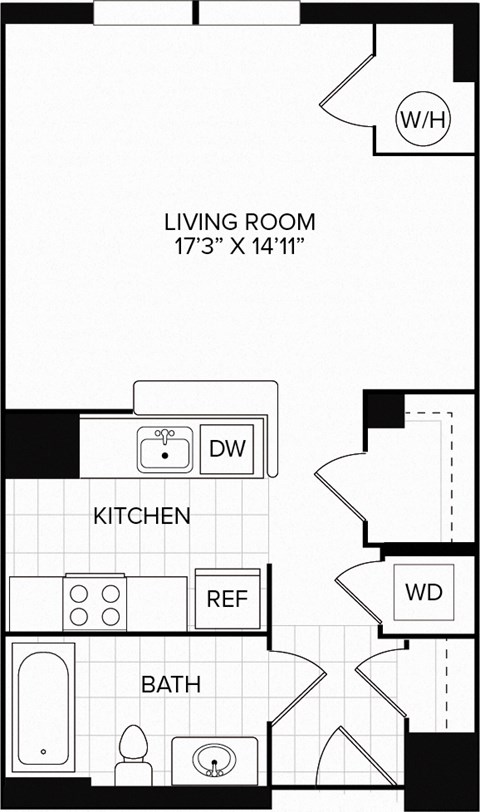 Floor plan for studio, 1 bath, 563 sqft