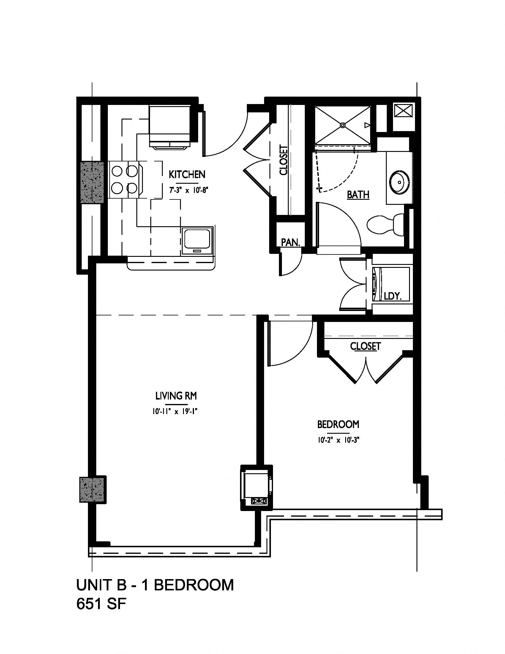 Floor plan for 1 bed, 1 bath, 651 sqft