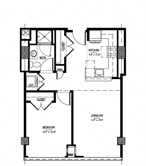 Floor plan for 1 bed, 1 bath, 695 sqft