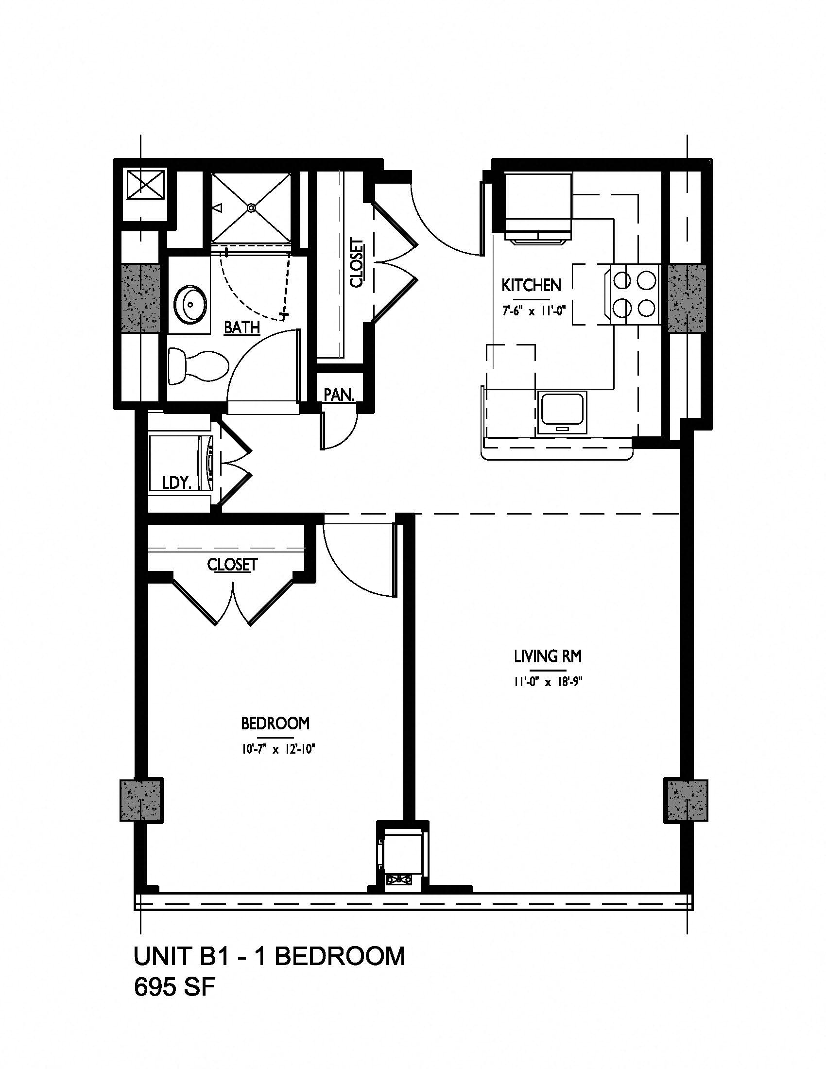 Floor plan for 1 bed, 1 bath, 695 sqft
