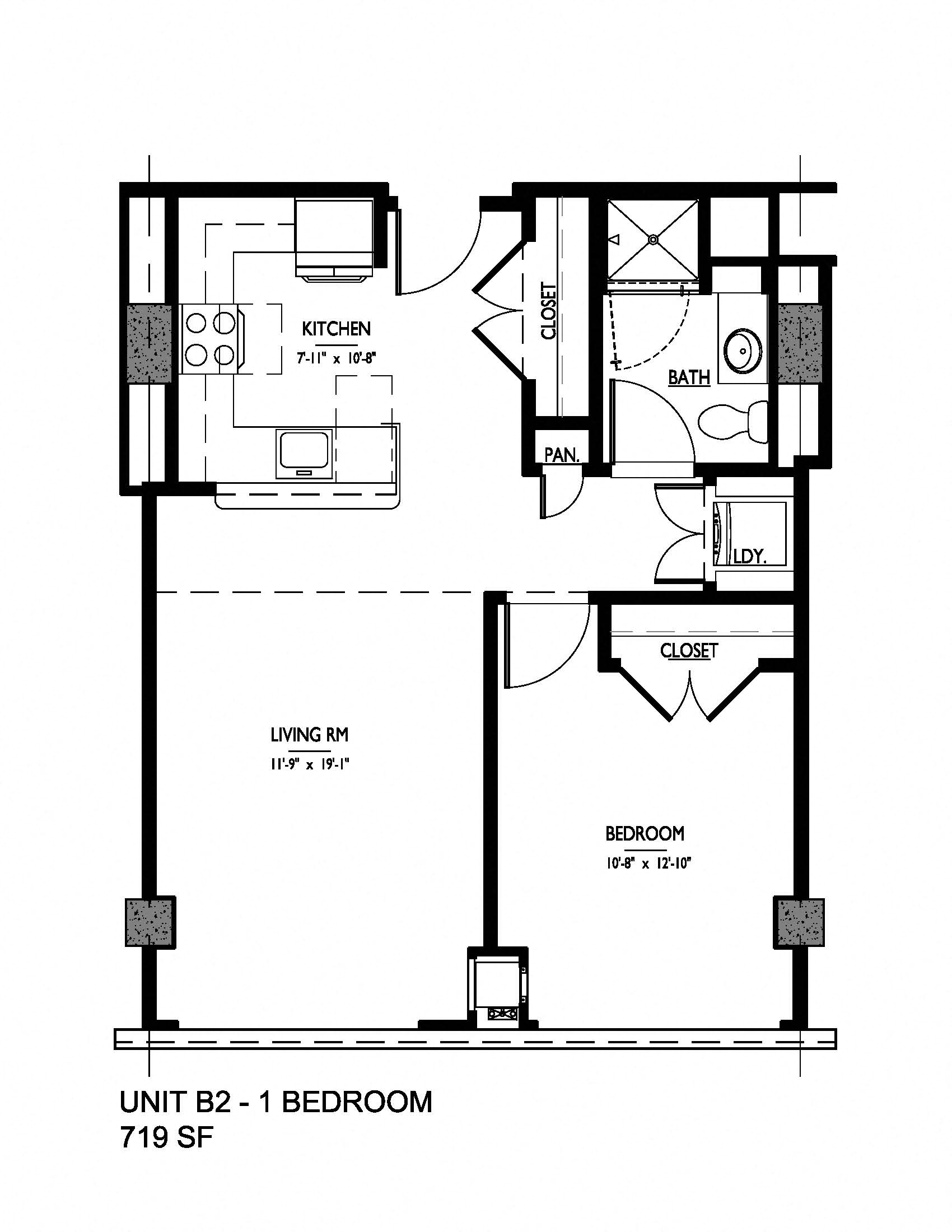 Floor plan for 1 bed, 1 bath, 719 sqft