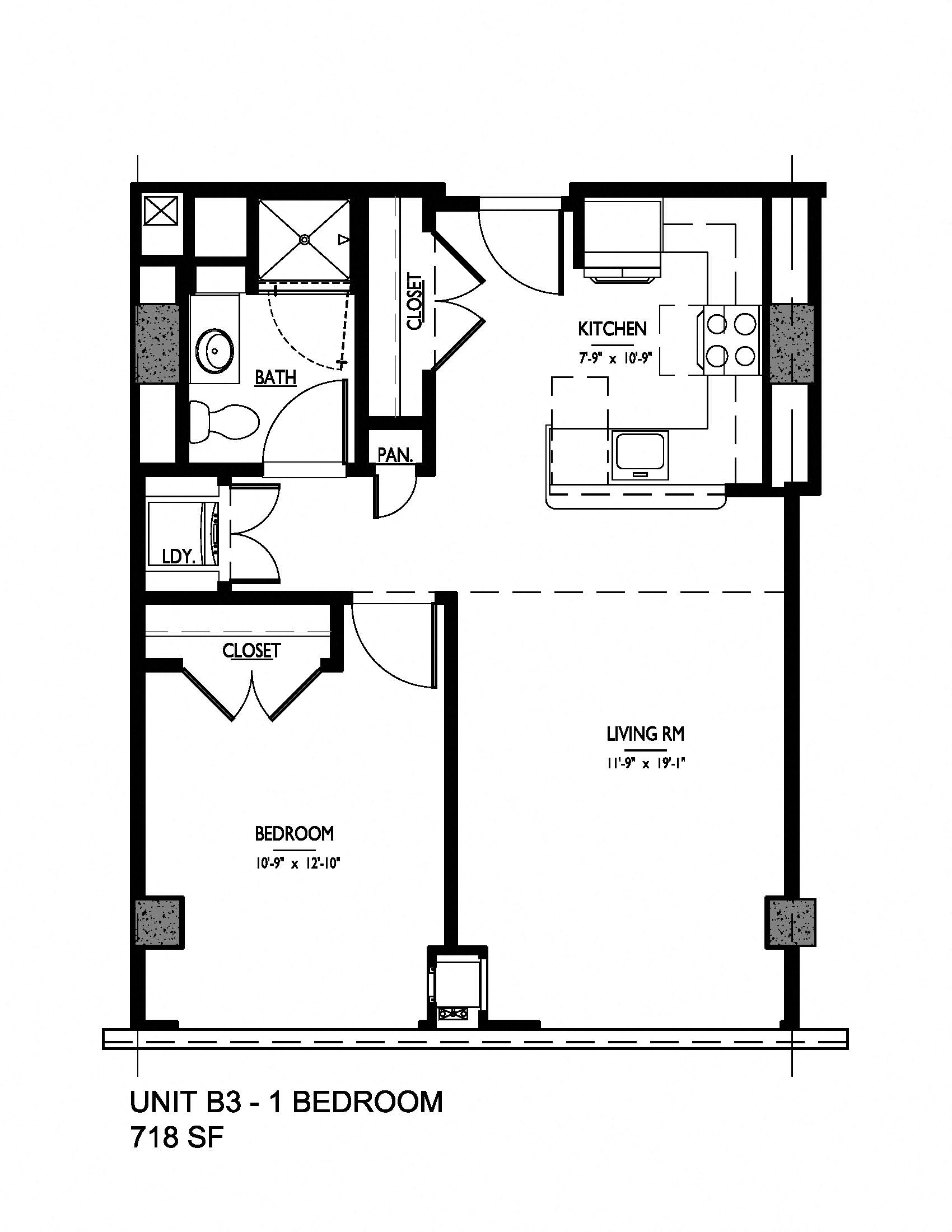 Floor plan for 1 bed, 1 bath, 718 sqft