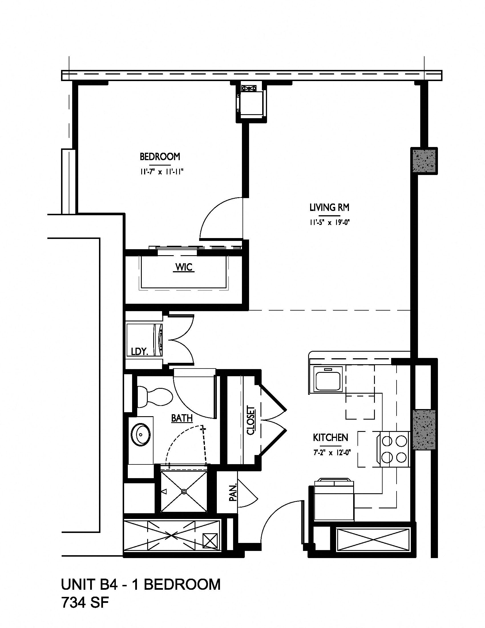 Floor plan for 1 bed, 1 bath, 734 sqft