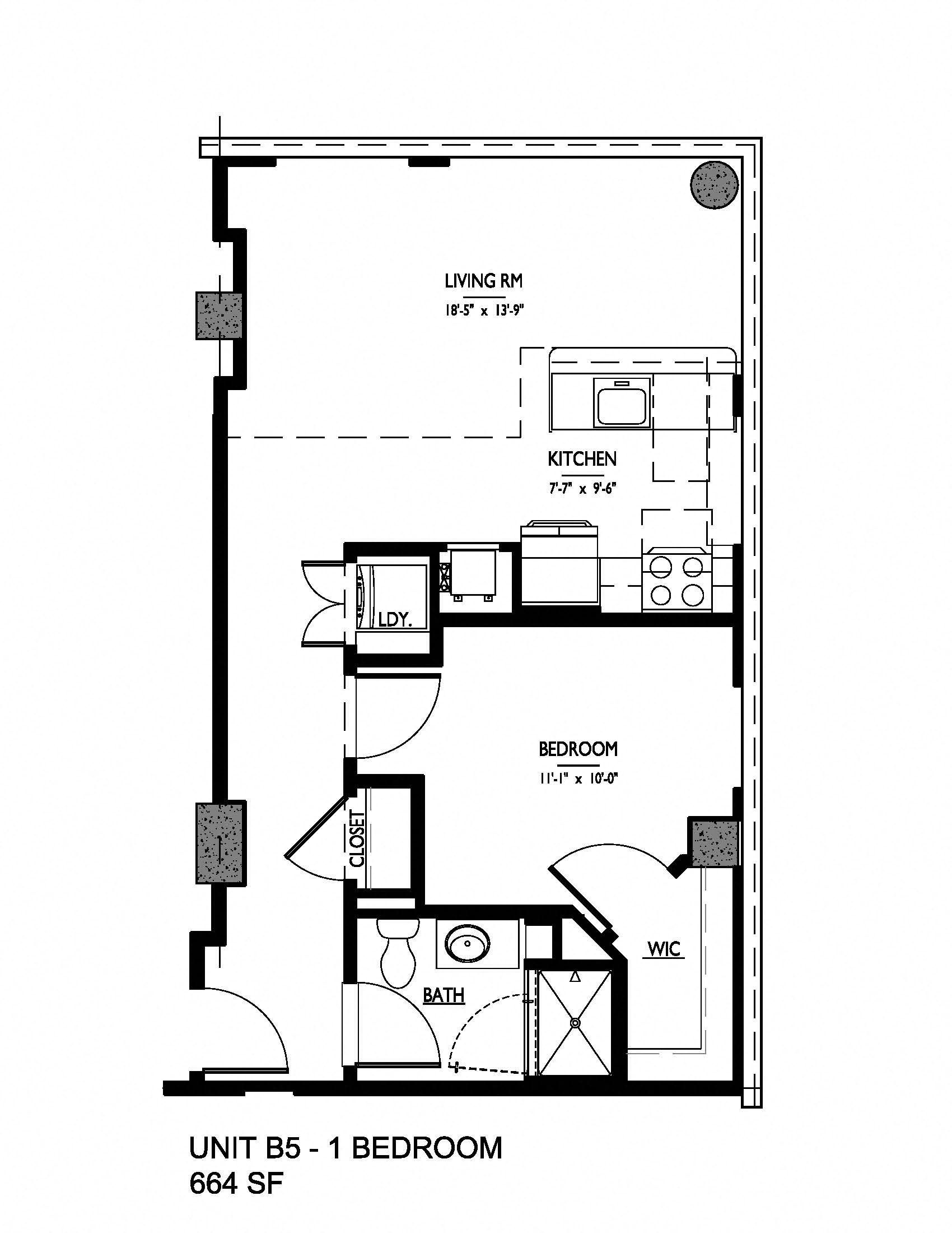 Floor plan for 1 bed, 1 bath, 664 sqft