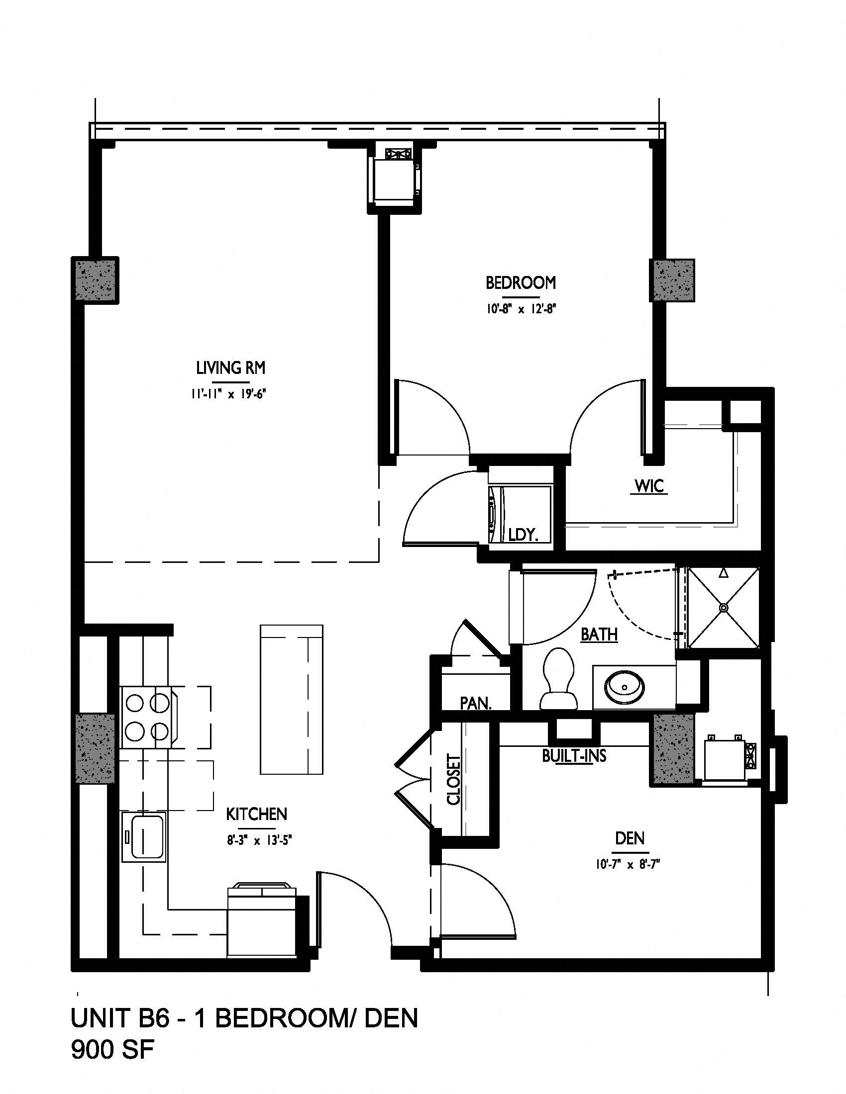 Floor plan for 1 bed, 1 bath, 900 sqft