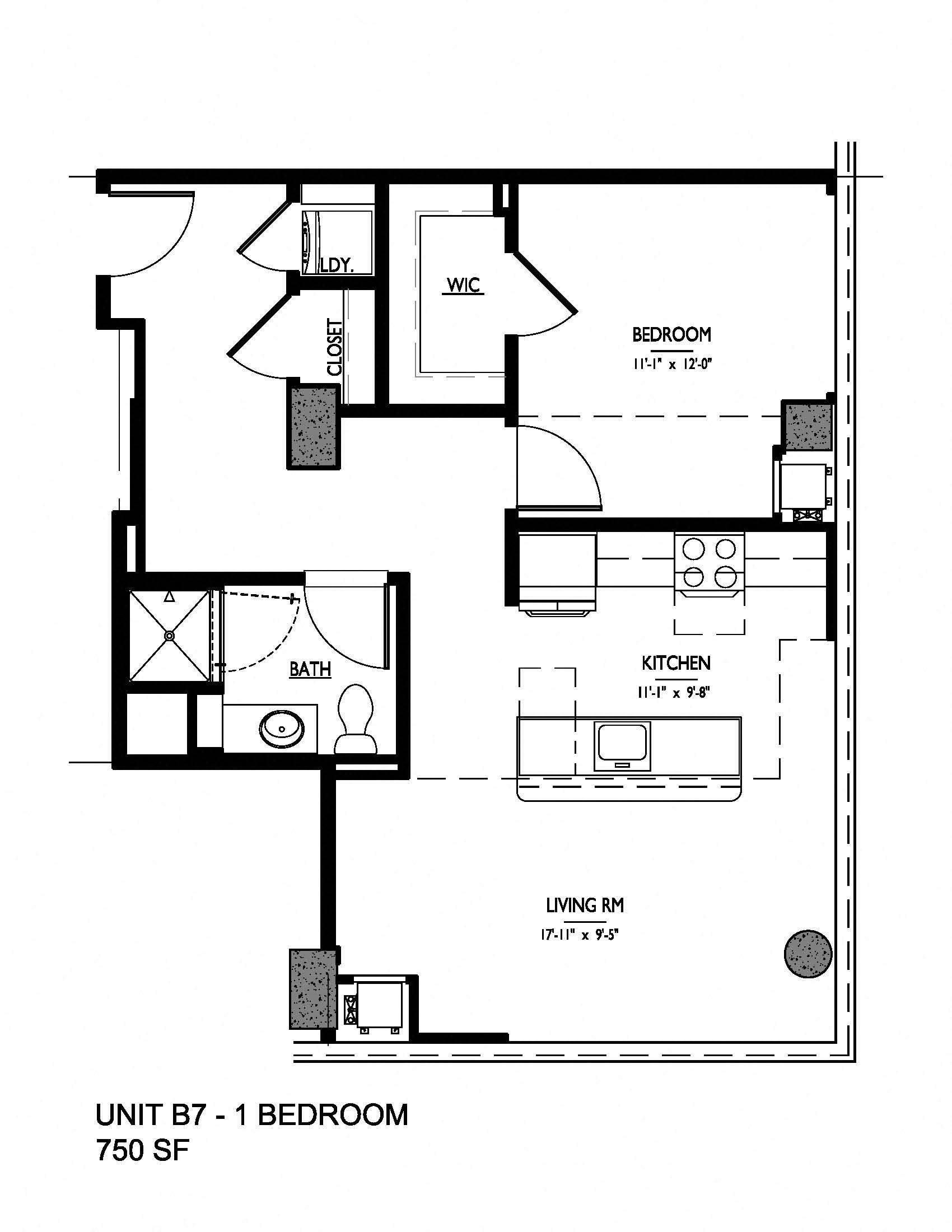 Floor plan for 1 bed, 1 bath, 750 sqft