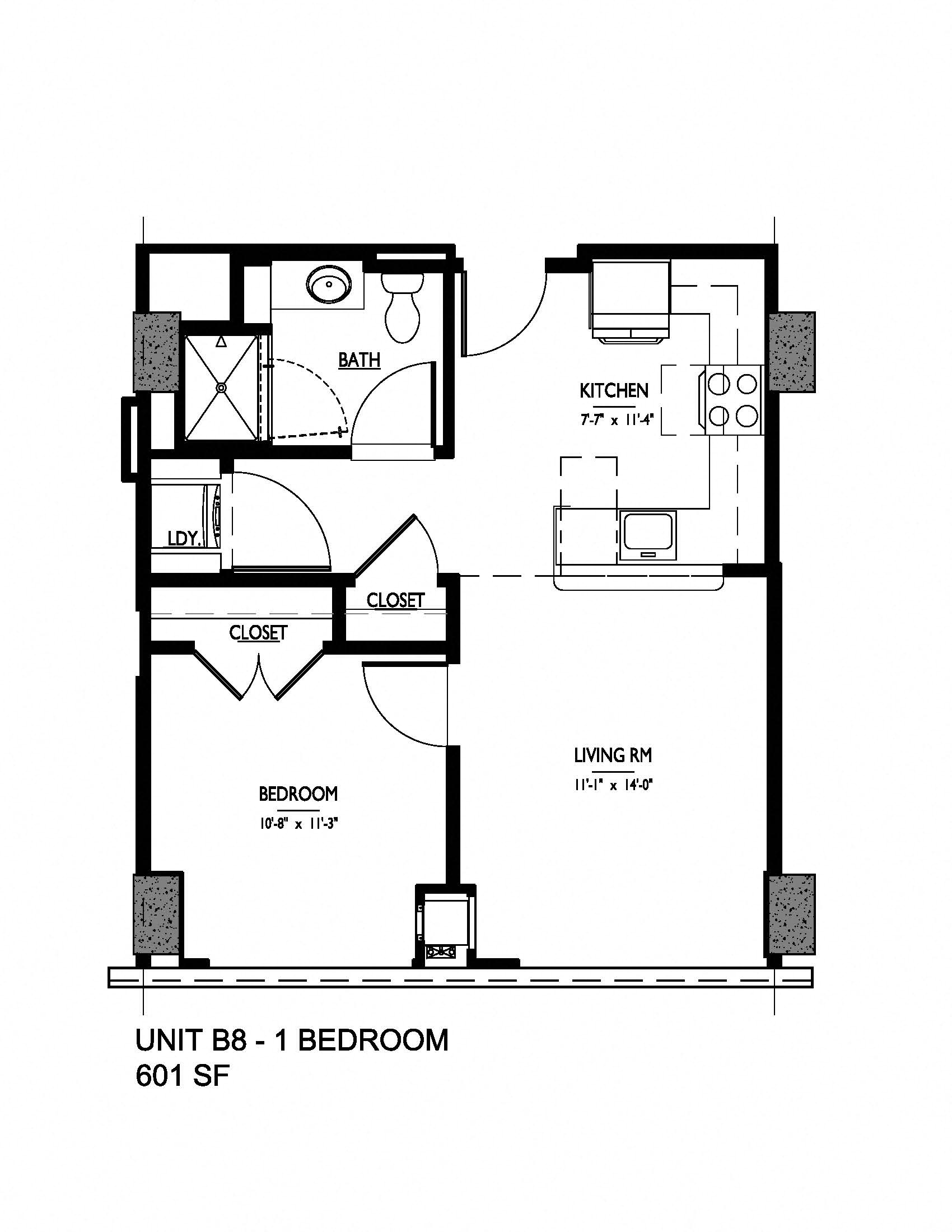 Floor plan for 1 bed, 1 bath, 601 sqft