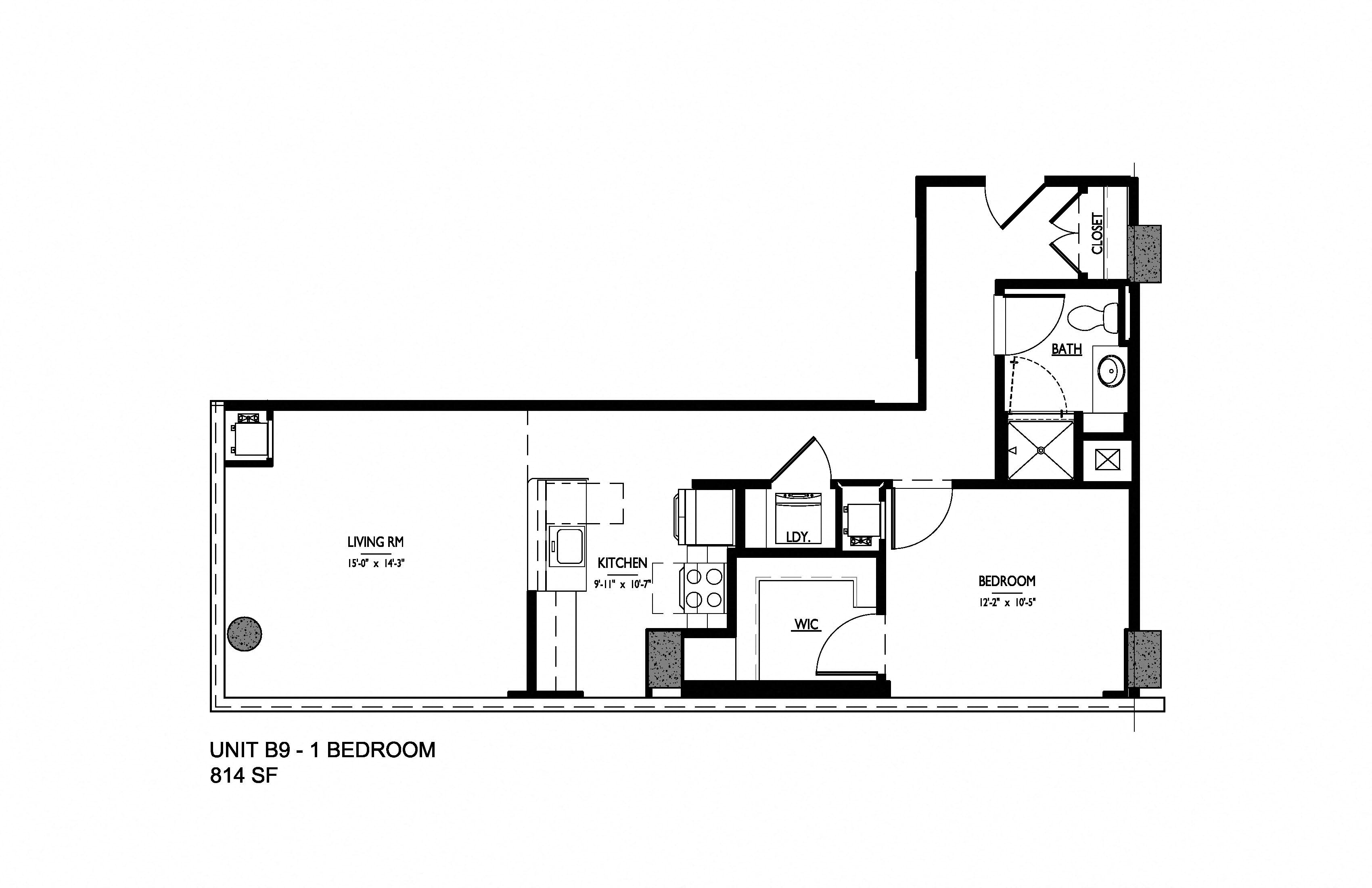 Floor plan for 1 bed, 1 bath, 814 sqft