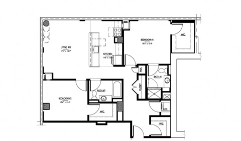Floor plan for 2 beds, 2 baths, 1210 sqft