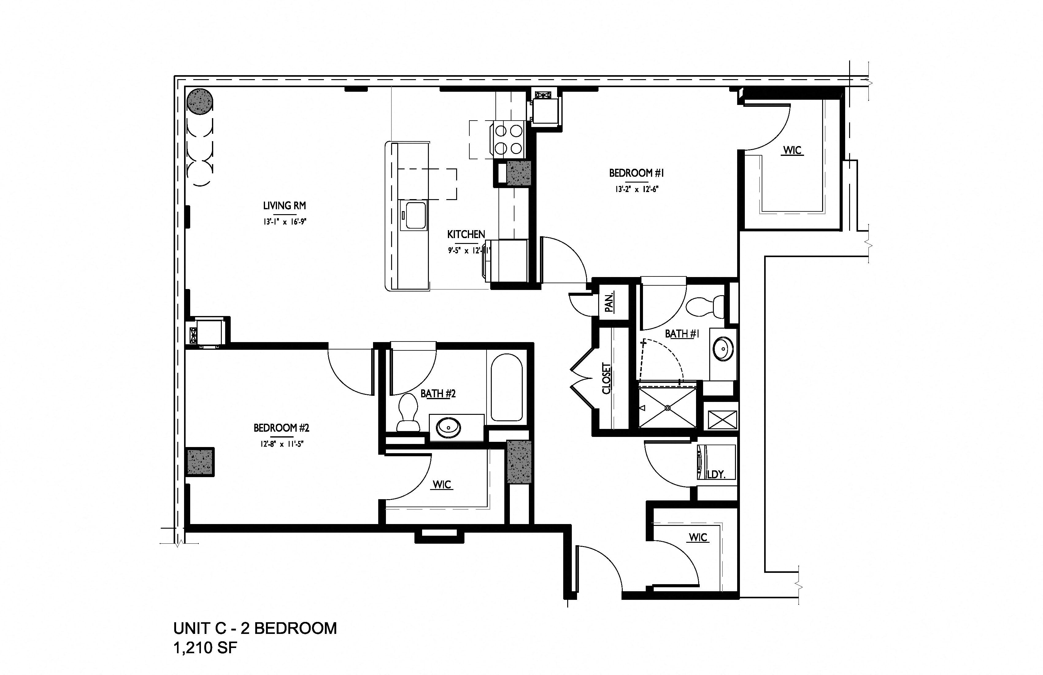 Floor plan for 2 beds, 2 baths, 1210 sqft