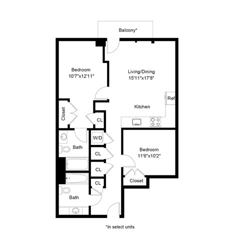 Floor plan for 2 beds, 2 baths, 935 sqft