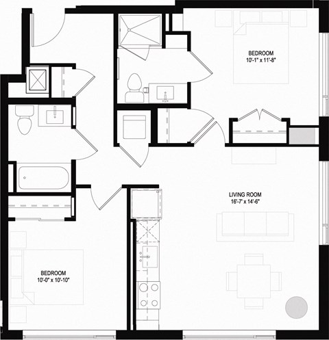 Floor plan for 2 beds, 2 baths, 875 sqft
