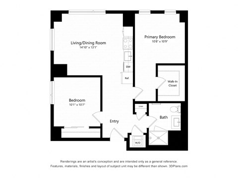 Floor plan for 2 beds, 1 bath, 864 sqft