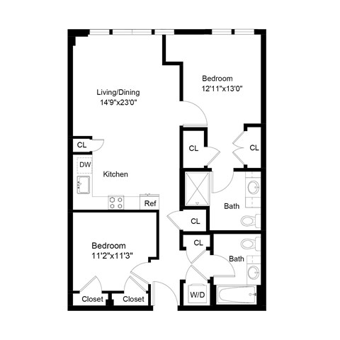 Floor plan for 2 beds, 2 baths, 1035 sqft