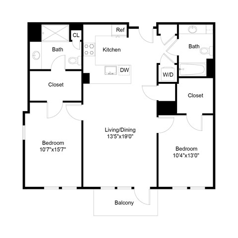 Floor plan for 2 beds, 2 baths, 1038 sqft