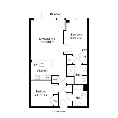 Floor plan for 2 beds, 2 baths, 1041 sqft