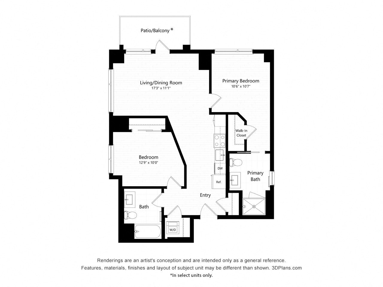 Floor plan for 2 beds, 2 baths, 939 sqft