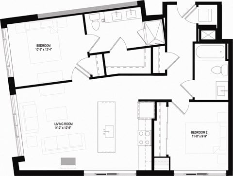 Floor plan for 2 beds, 2 baths, 943 sqft